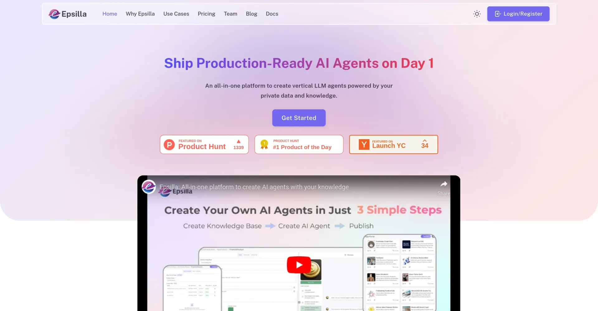 Epsilla homepage screenshot — Build vertical LLM agents with your private data.