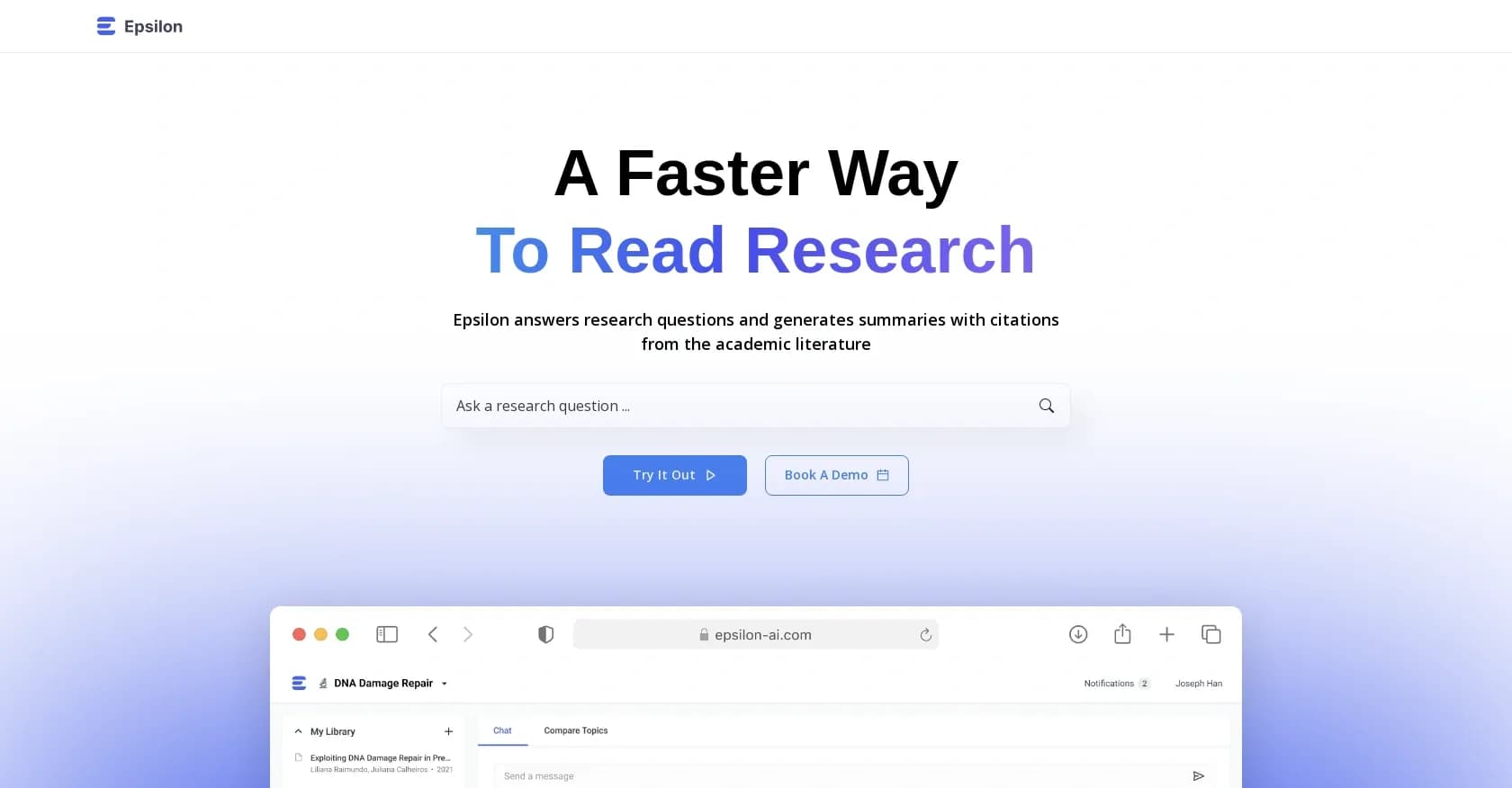 Epsilon homepage screenshot — Answer research questions with AI-powered literature search.