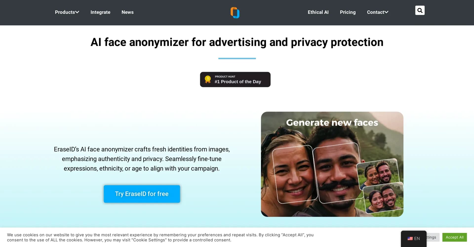 EraseID homepage screenshot — Craft authentic, private identities from images.