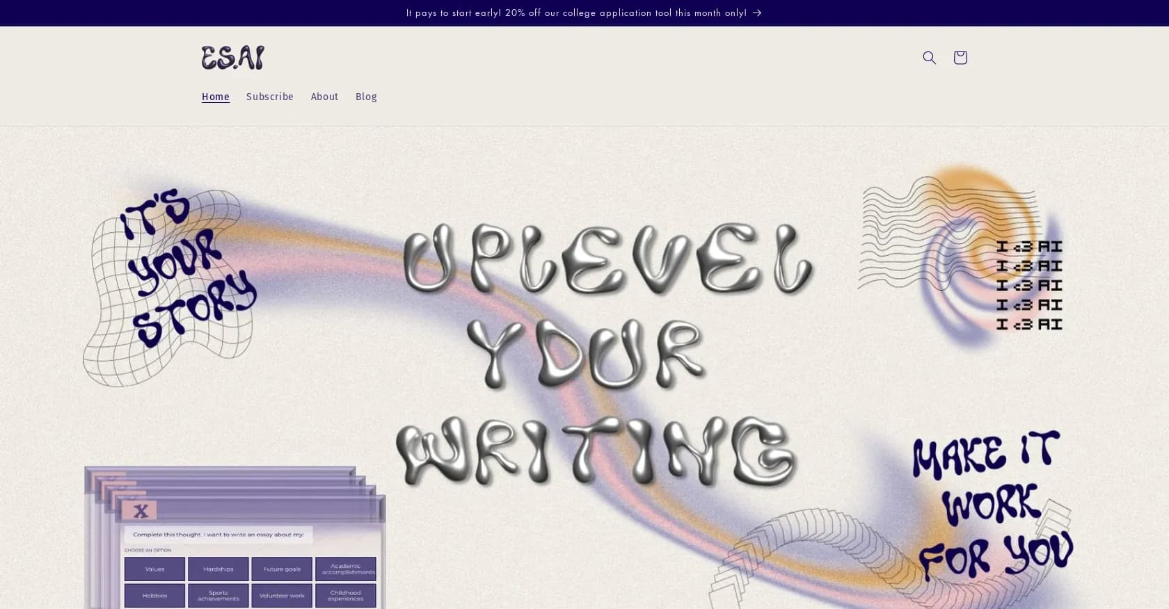 ES.AI homepage screenshot — AI-powered college application essay toolkit