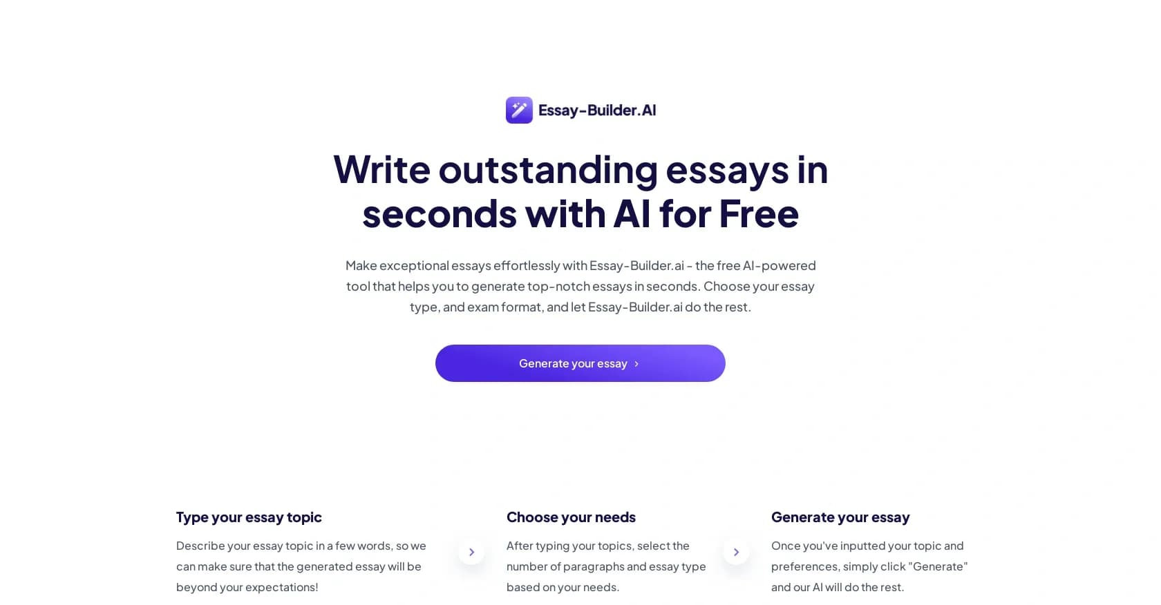 Essay Builder homepage screenshot — AI-powered essay creation in seconds.
