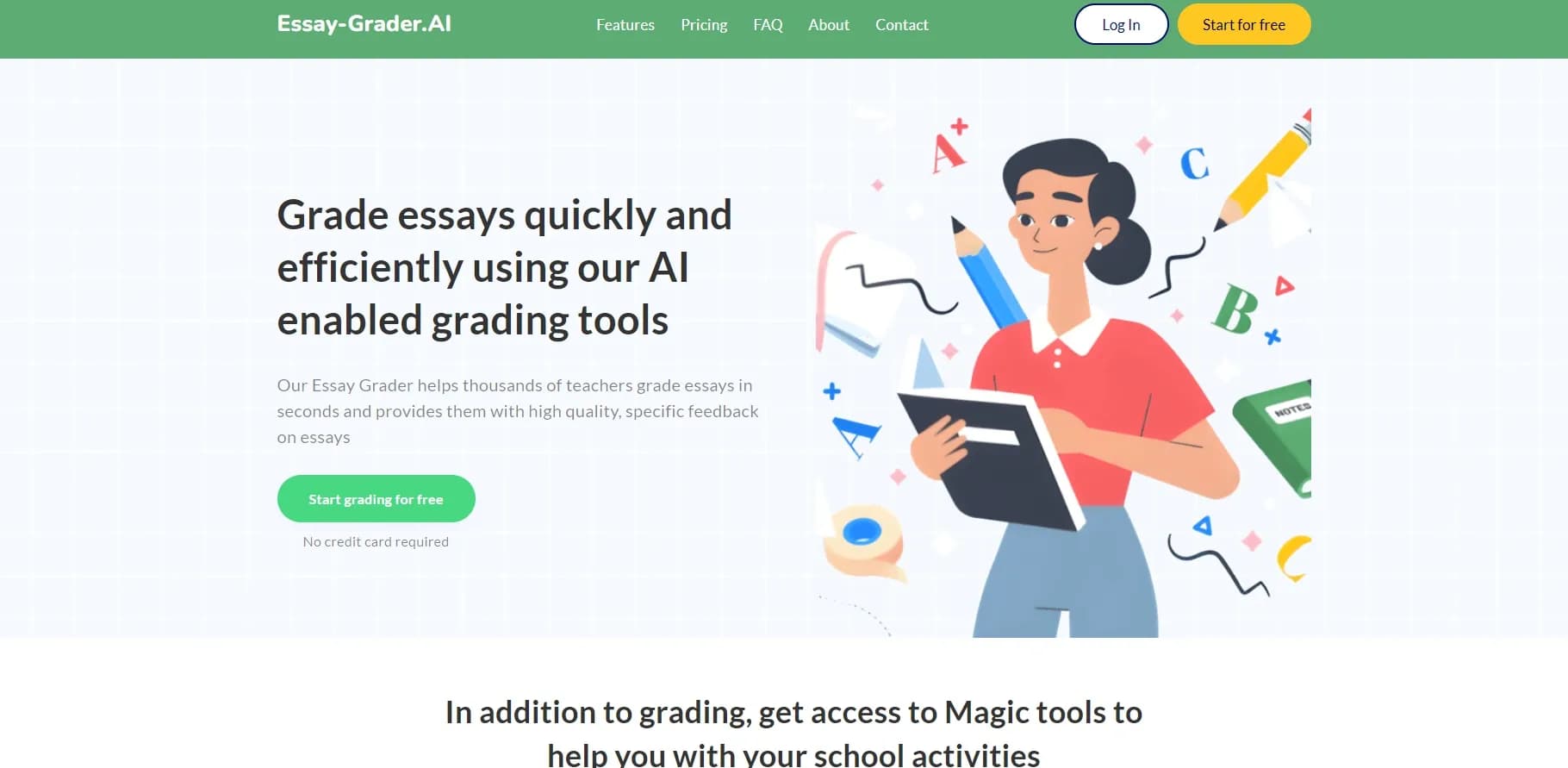 Essay Grader AI homepage screenshot — Grade essays in seconds with AI-powered feedback.