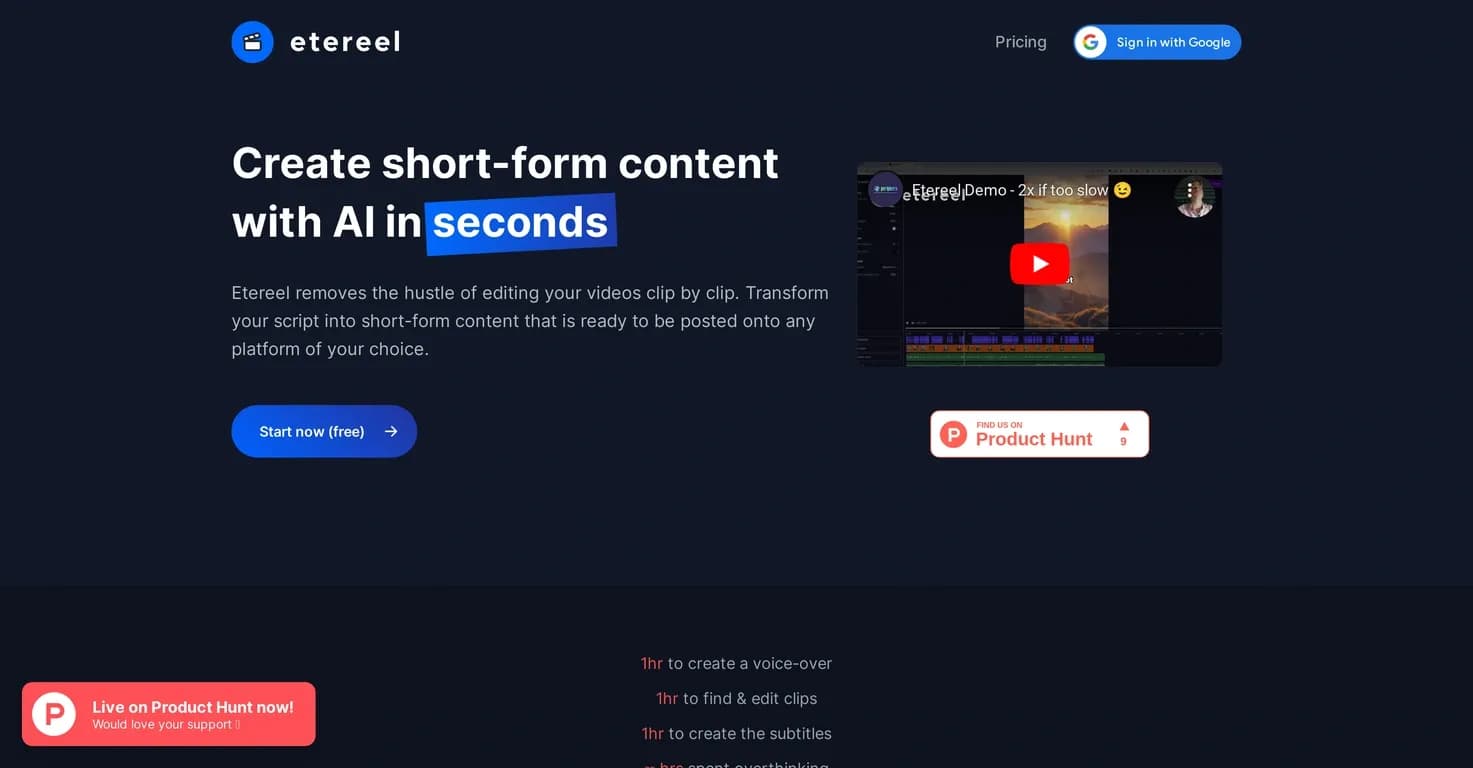 Etereel homepage screenshot — Generate viral shorts with AI in minutes