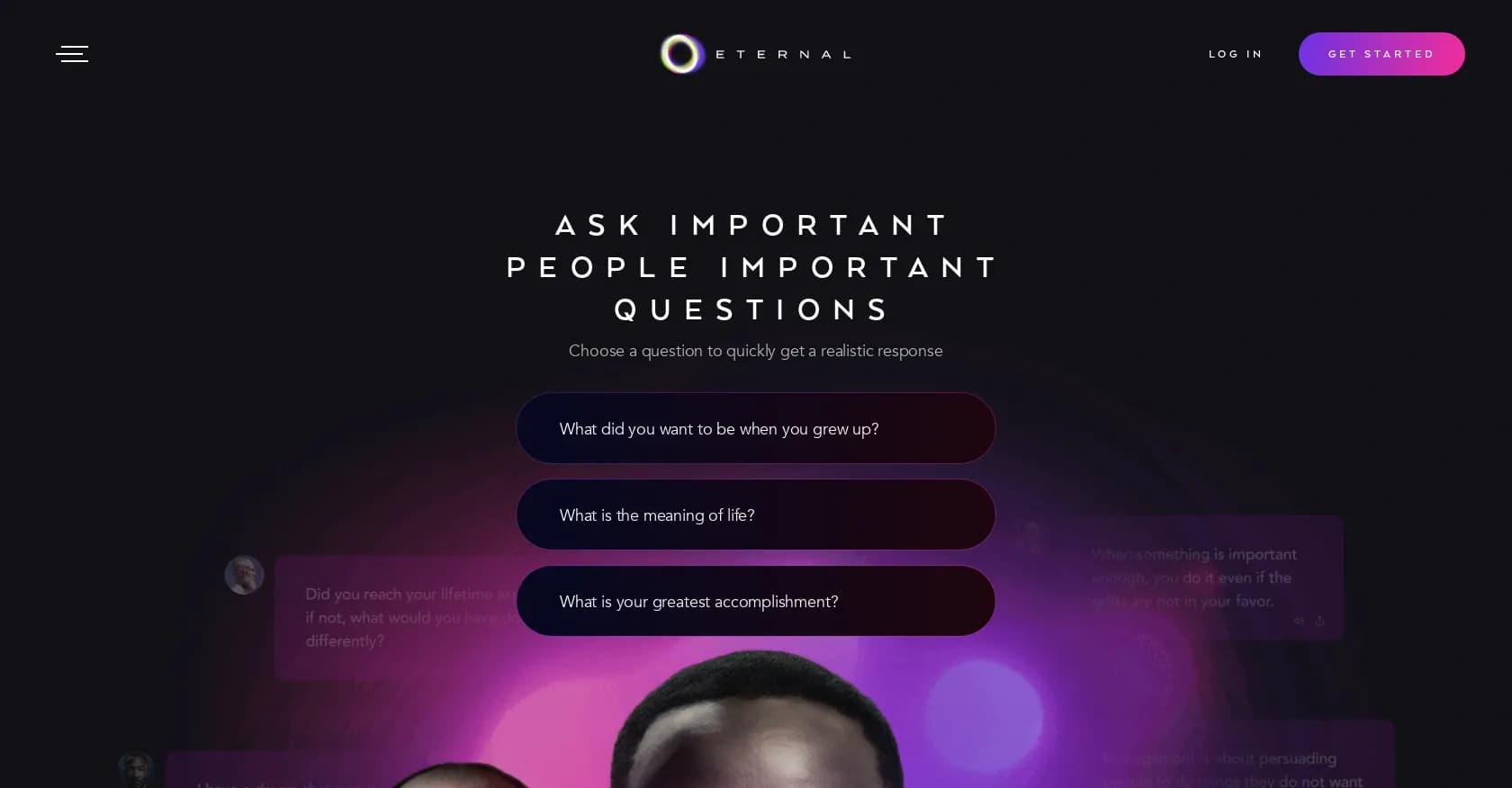 Eternal AI homepage screenshot — Chat with history's greatest minds using AI.