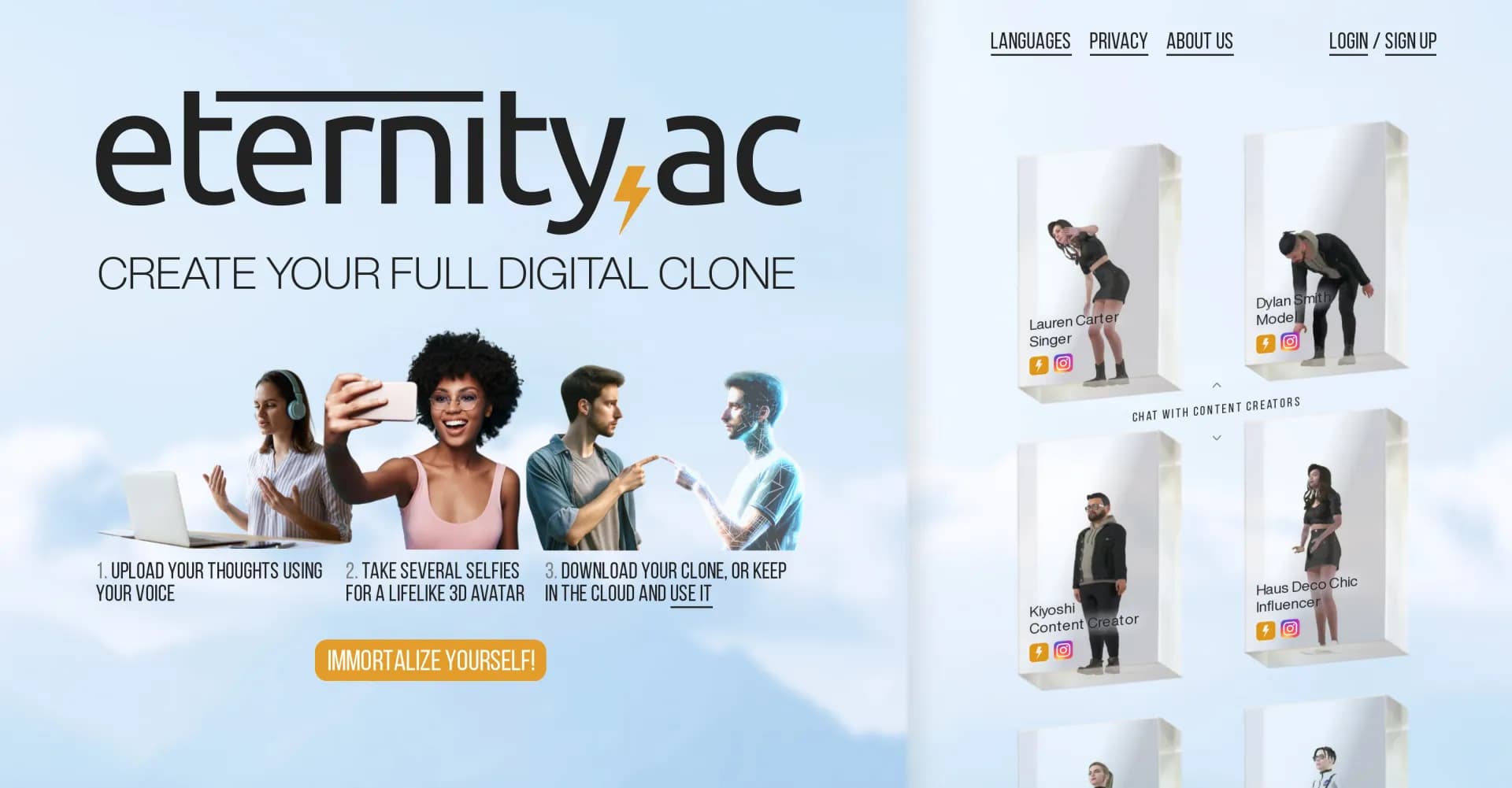 Eternity ACv2.0 homepage screenshot — Create and download your digital clone to live forever. Inte