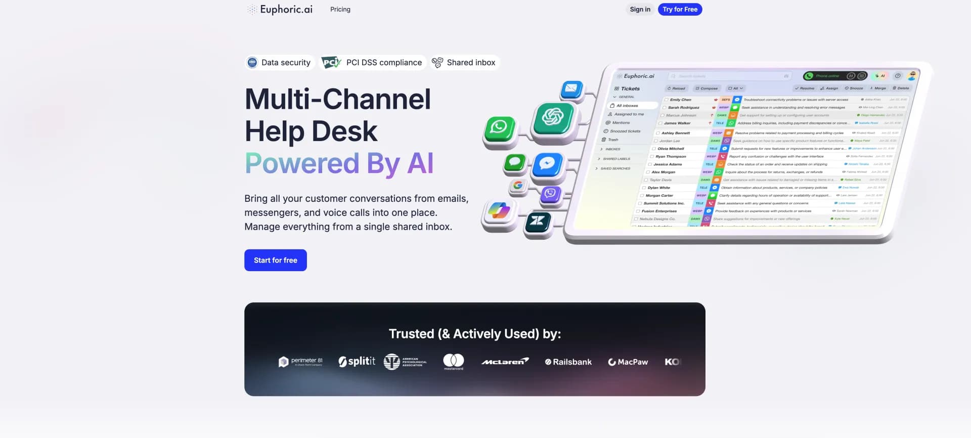 Euphoric homepage screenshot — AI-powered help desk for seamless customer support