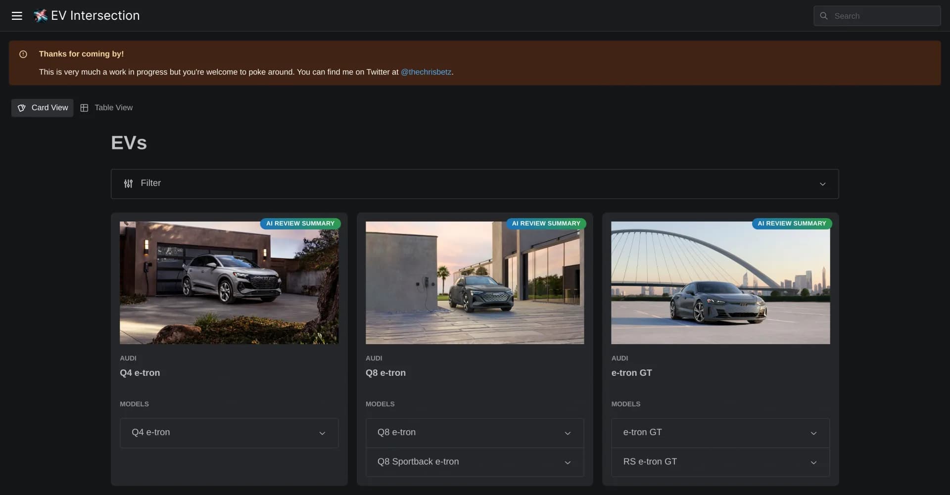 EV Intersection homepage screenshot — Find your perfect electric vehicle with AI-powered reviews.