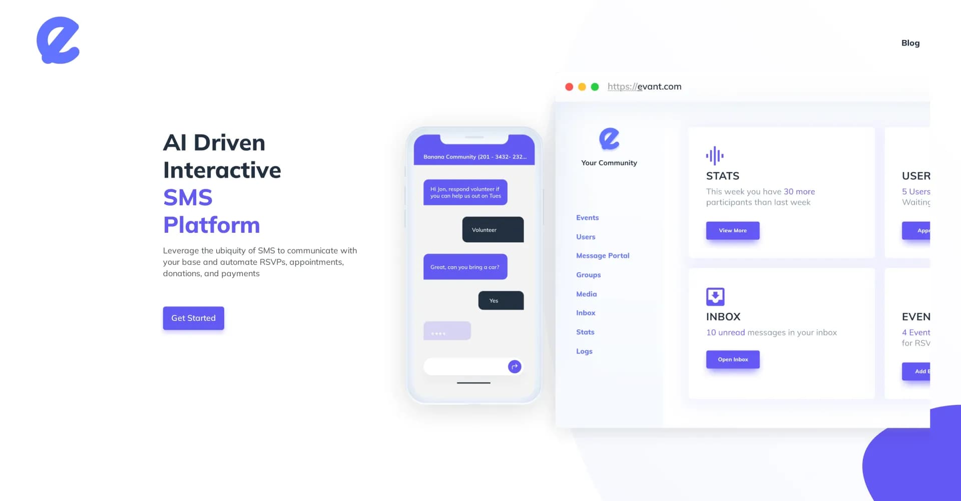 Evant homepage screenshot — AI-driven SMS platform for automated communication and payme