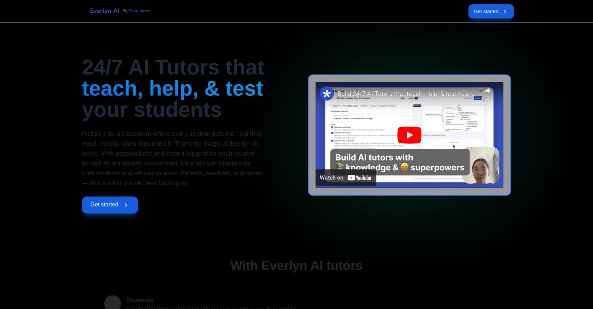EverLyn AI homepage screenshot — Create 24/7 AI tutors that teach, help, and test students.