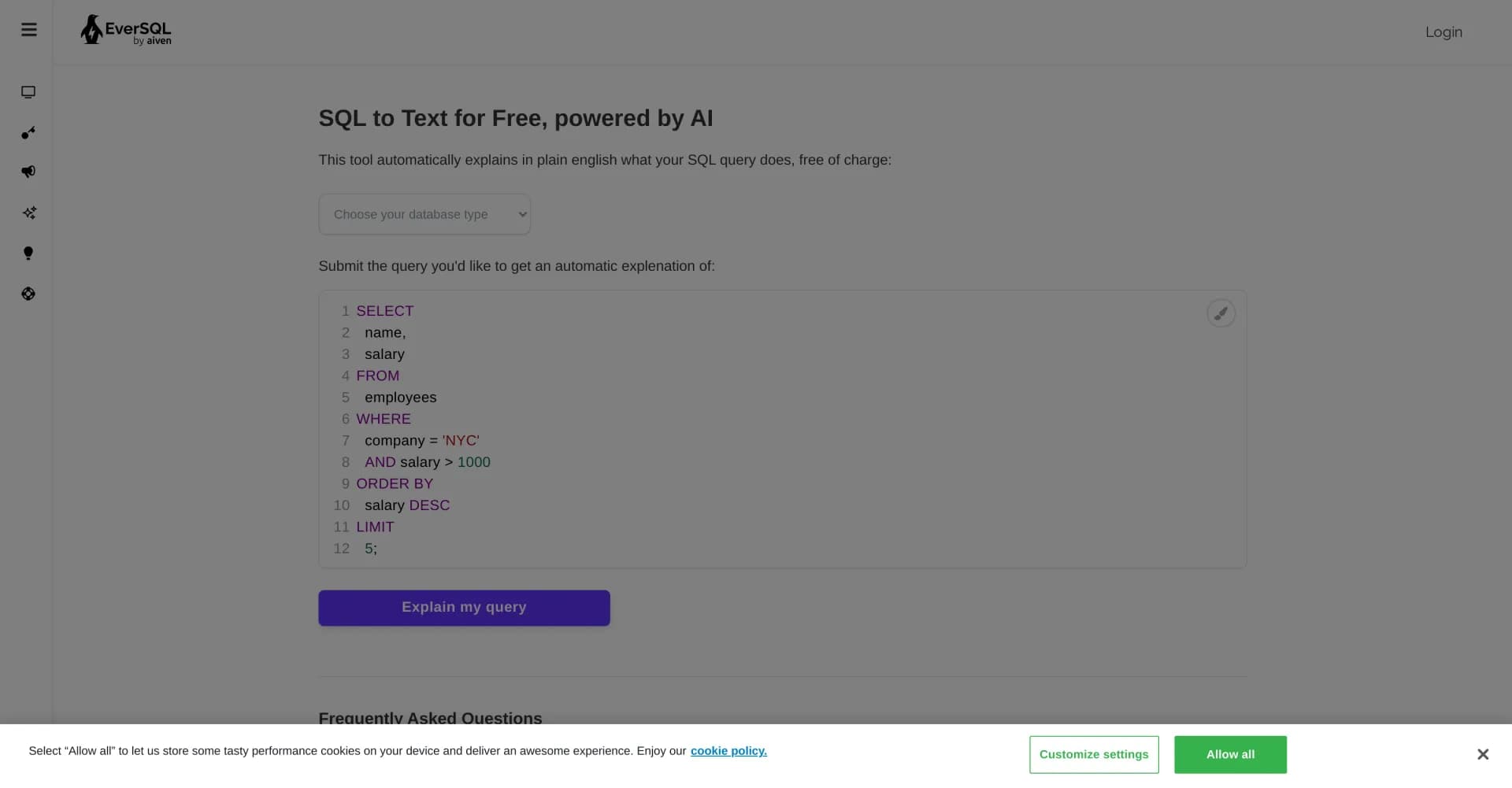 EverSQL homepage screenshot — Explain SQL queries in plain English