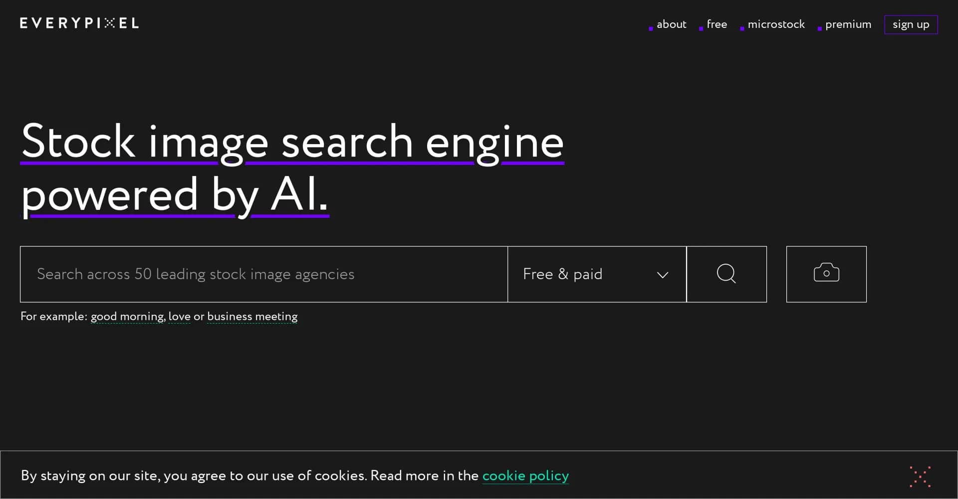 Everypixel Stock Image Search Engine homepage screenshot — AI-powered stock image search engine