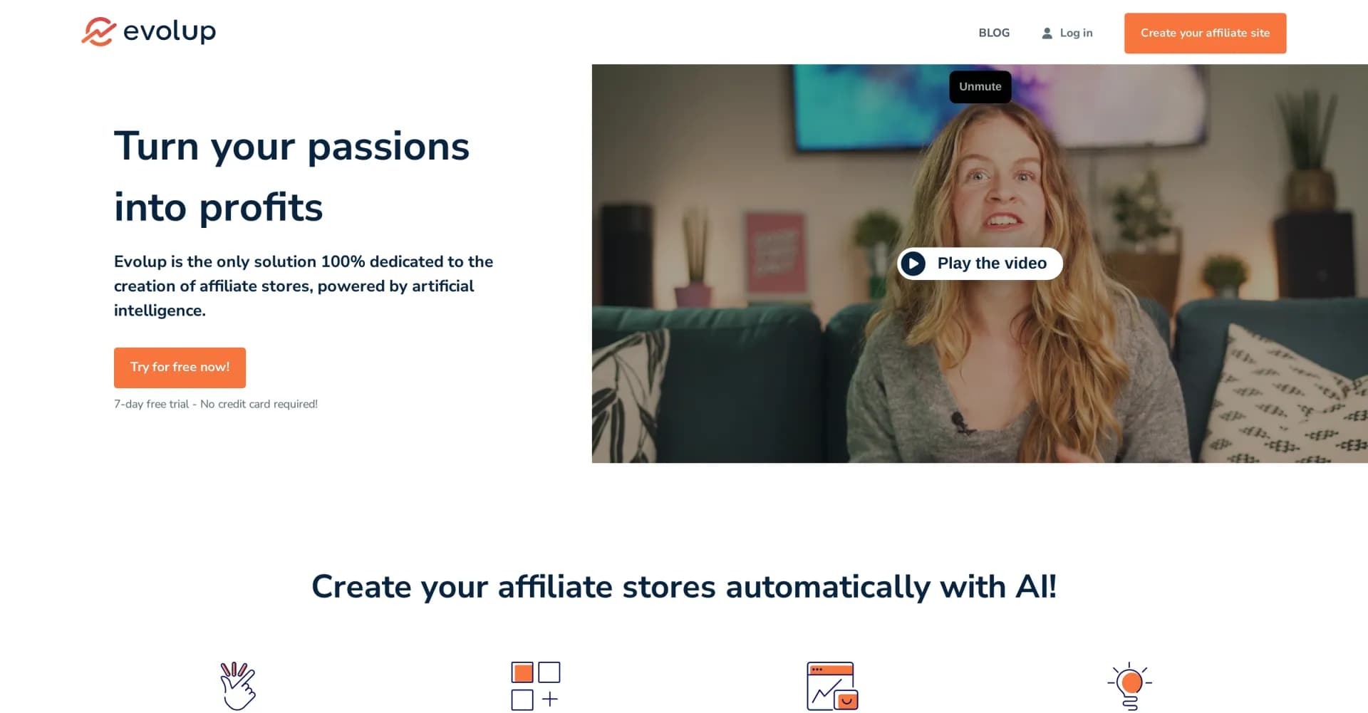 Evolup homepage screenshot — Create affiliate stores automatically with AI