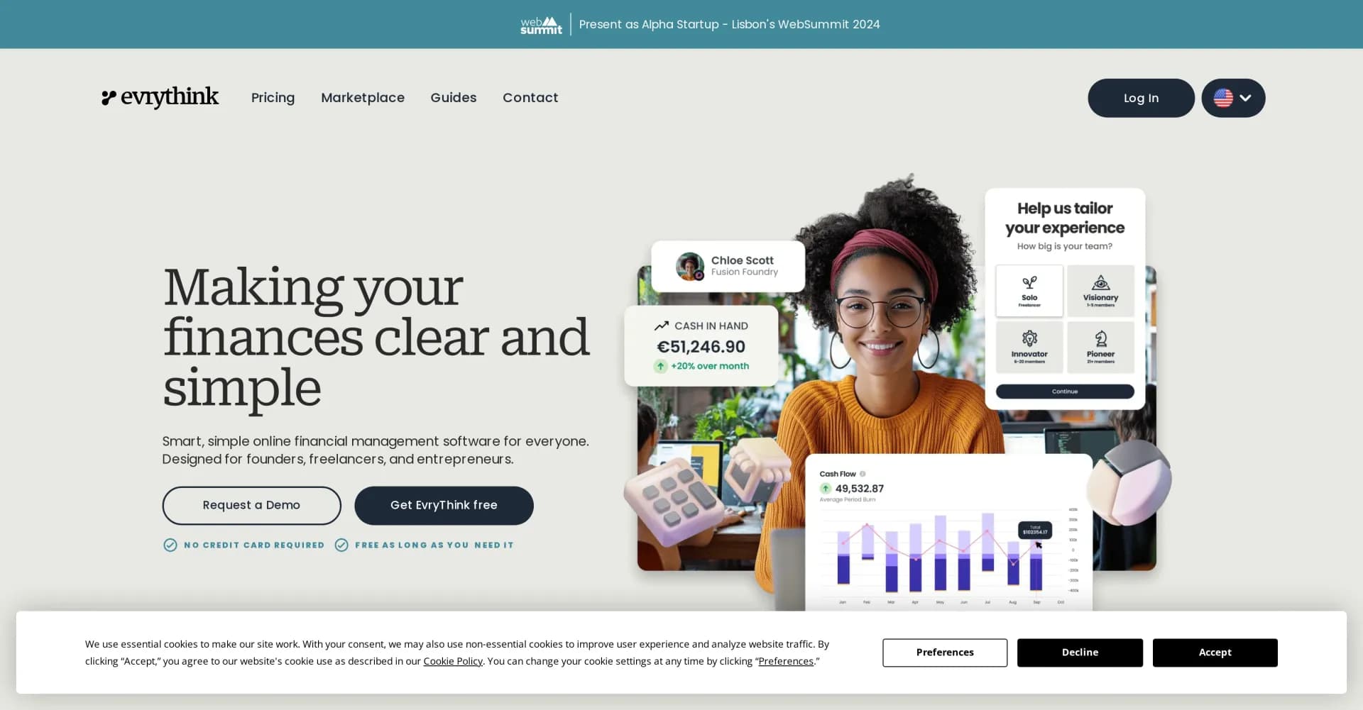 EvryThink homepage screenshot — Smart, simple finance software for entrepreneurs.