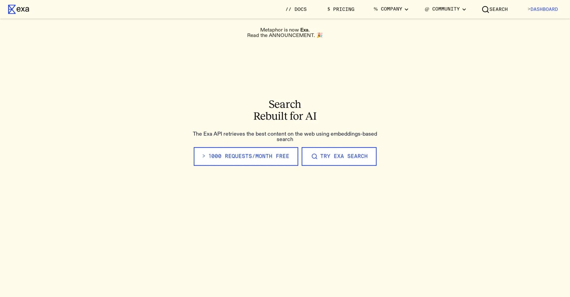Exa homepage screenshot — Connect your AI to the Internet with smart search