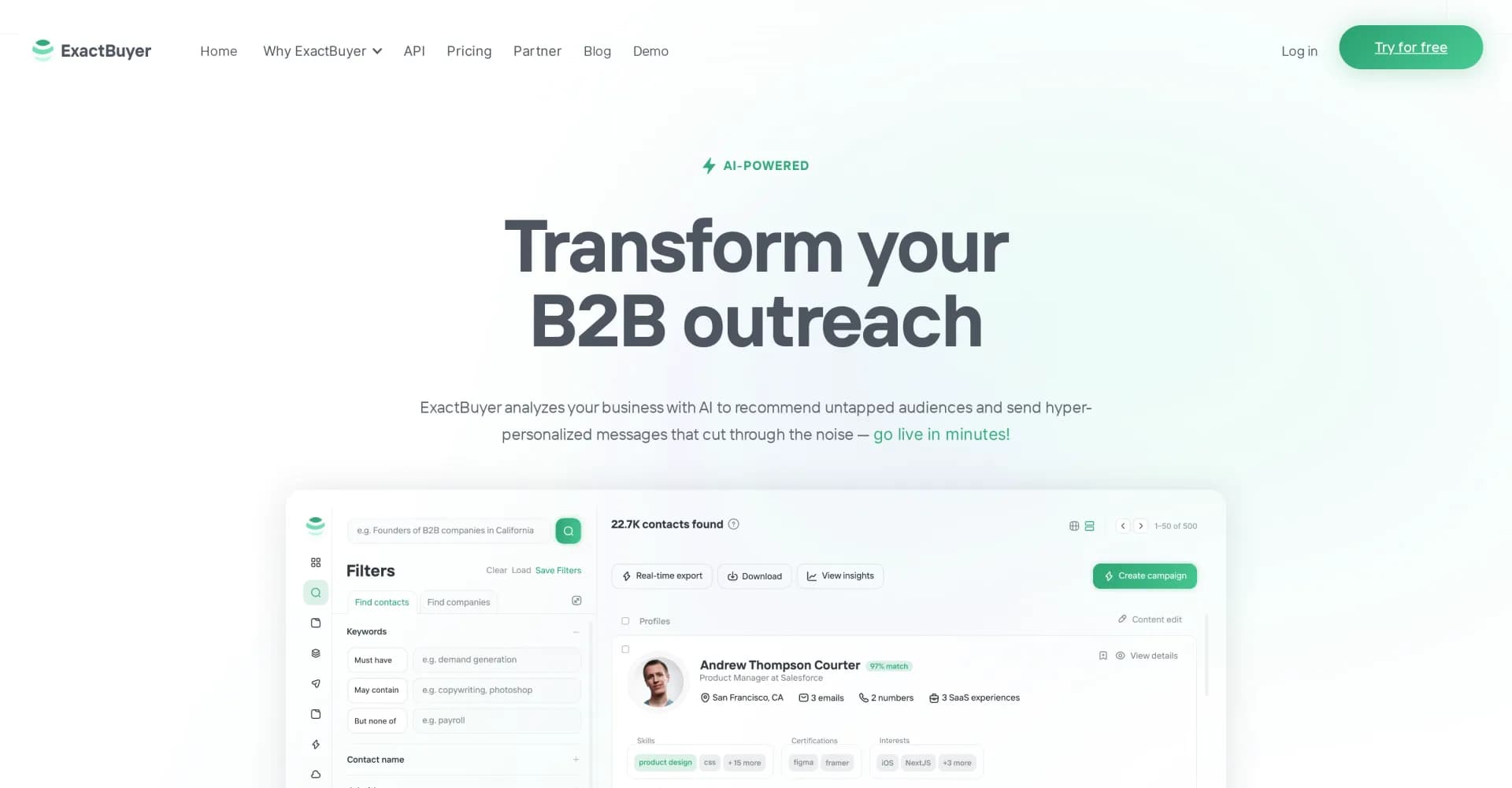 ExactBuyer homepage screenshot — AI-powered B2B customer and candidate acquisition platform.