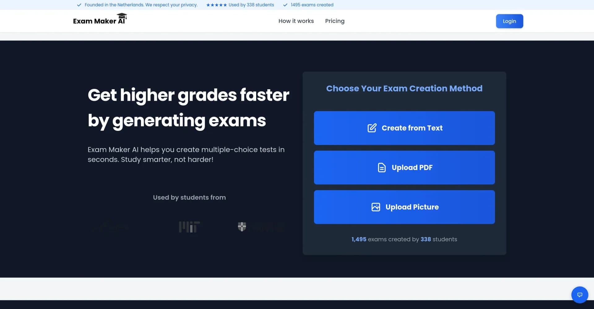 Exam Maker AI homepage screenshot — Generate exams instantly for smarter studying