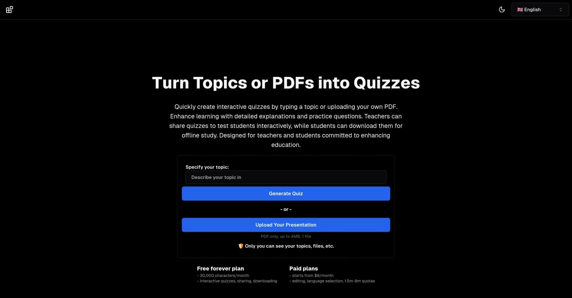 Exam-Now homepage screenshot — Create interactive quizzes from any topic instantly.