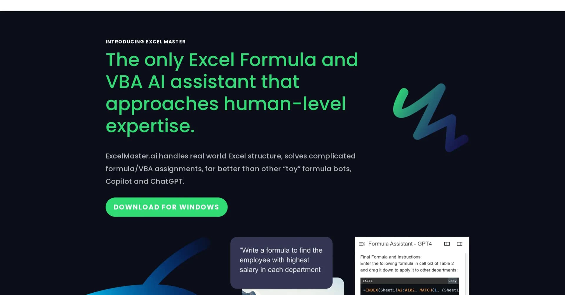 Excel Master homepage screenshot — Excel's AI assistant for expert formulas and VBA.