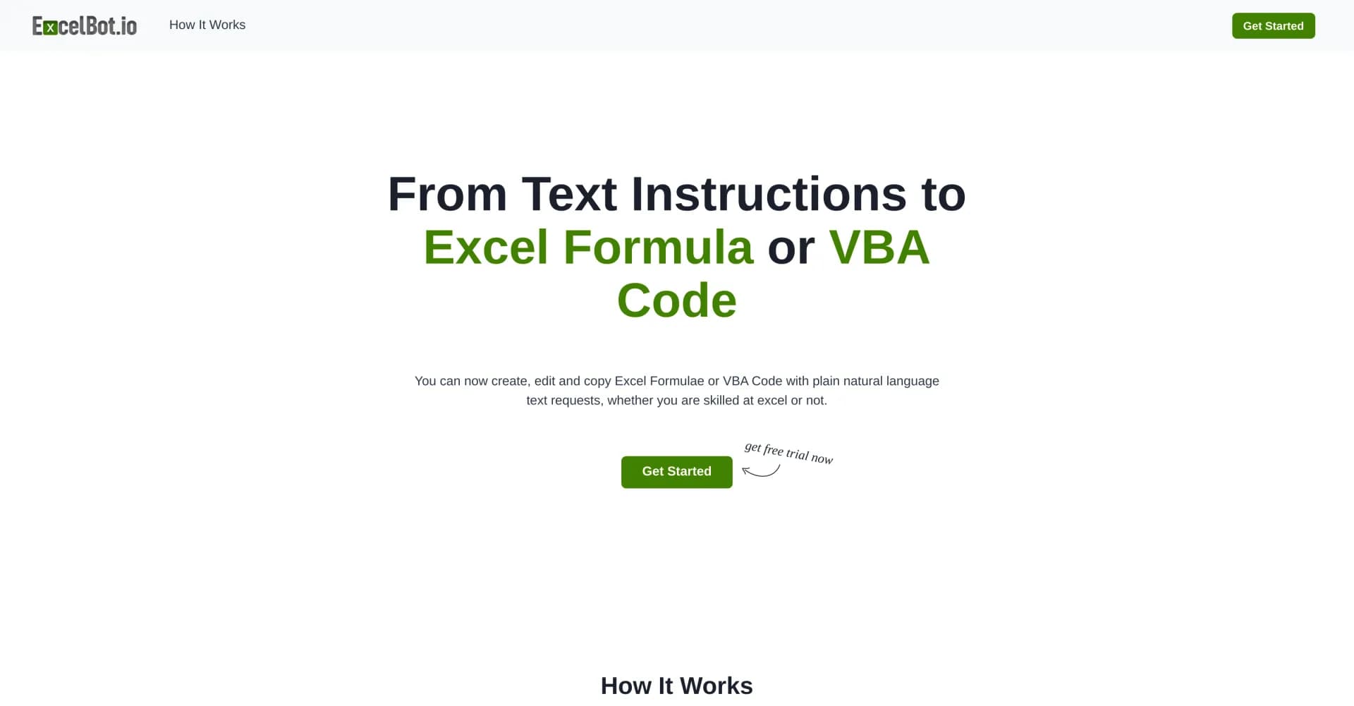 ExcelBot homepage screenshot — Turn text into Excel formulas and VBA code