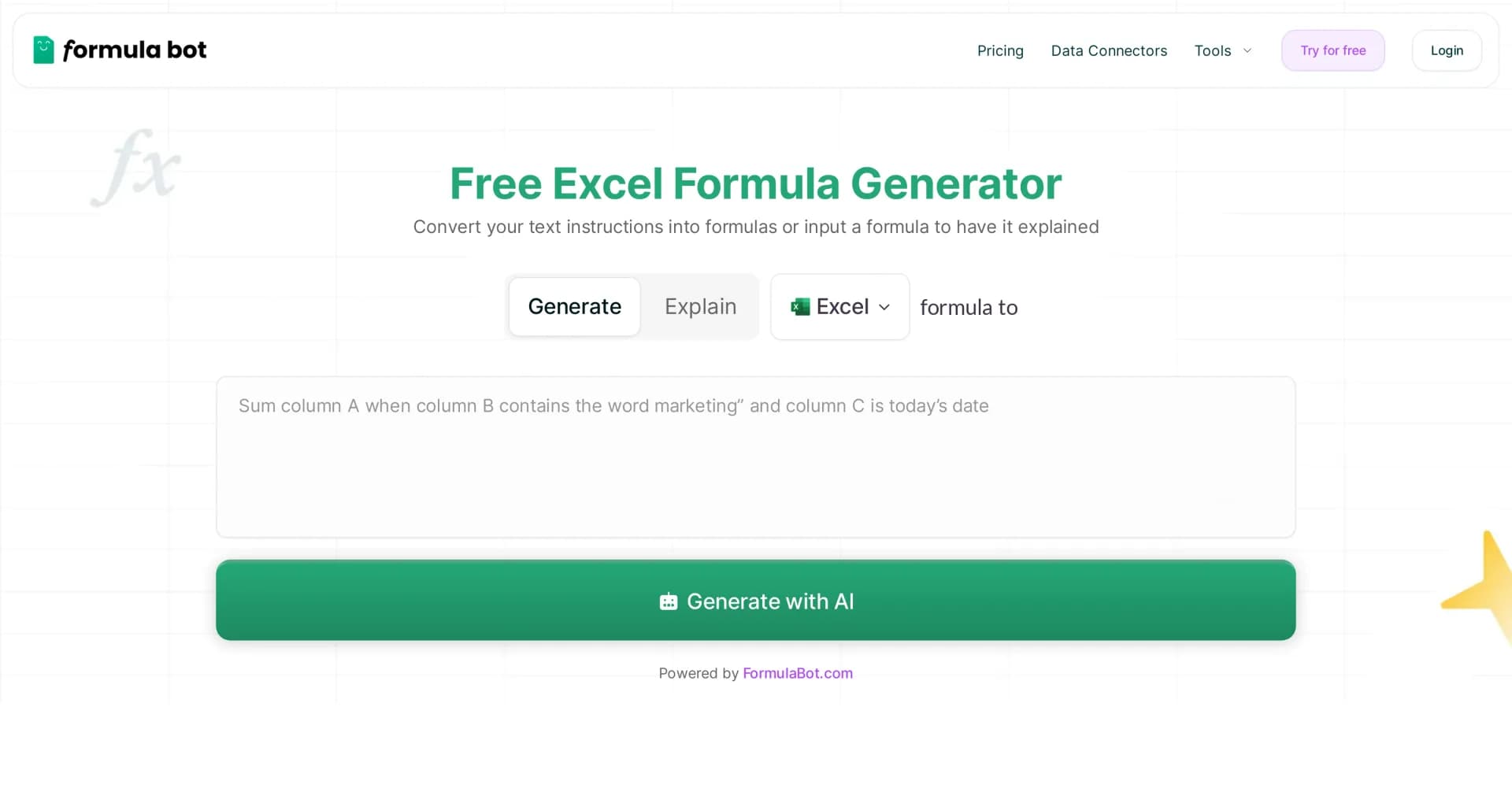 Free AI Excel Formula Generator homepage screenshot — AI-powered data analysis and formula generation
