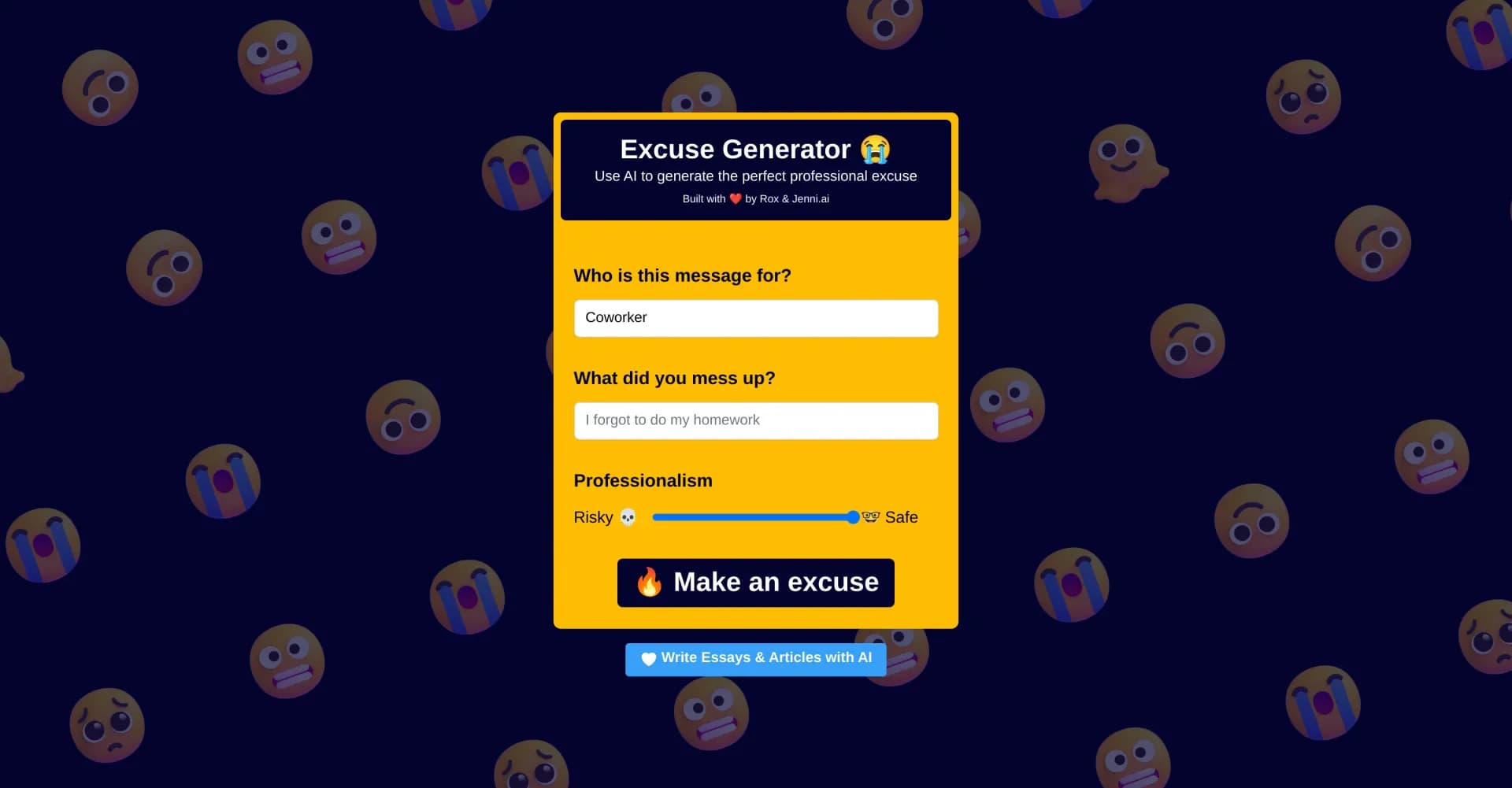 Excuses AI homepage screenshot — Generate perfect professional excuses with AI.