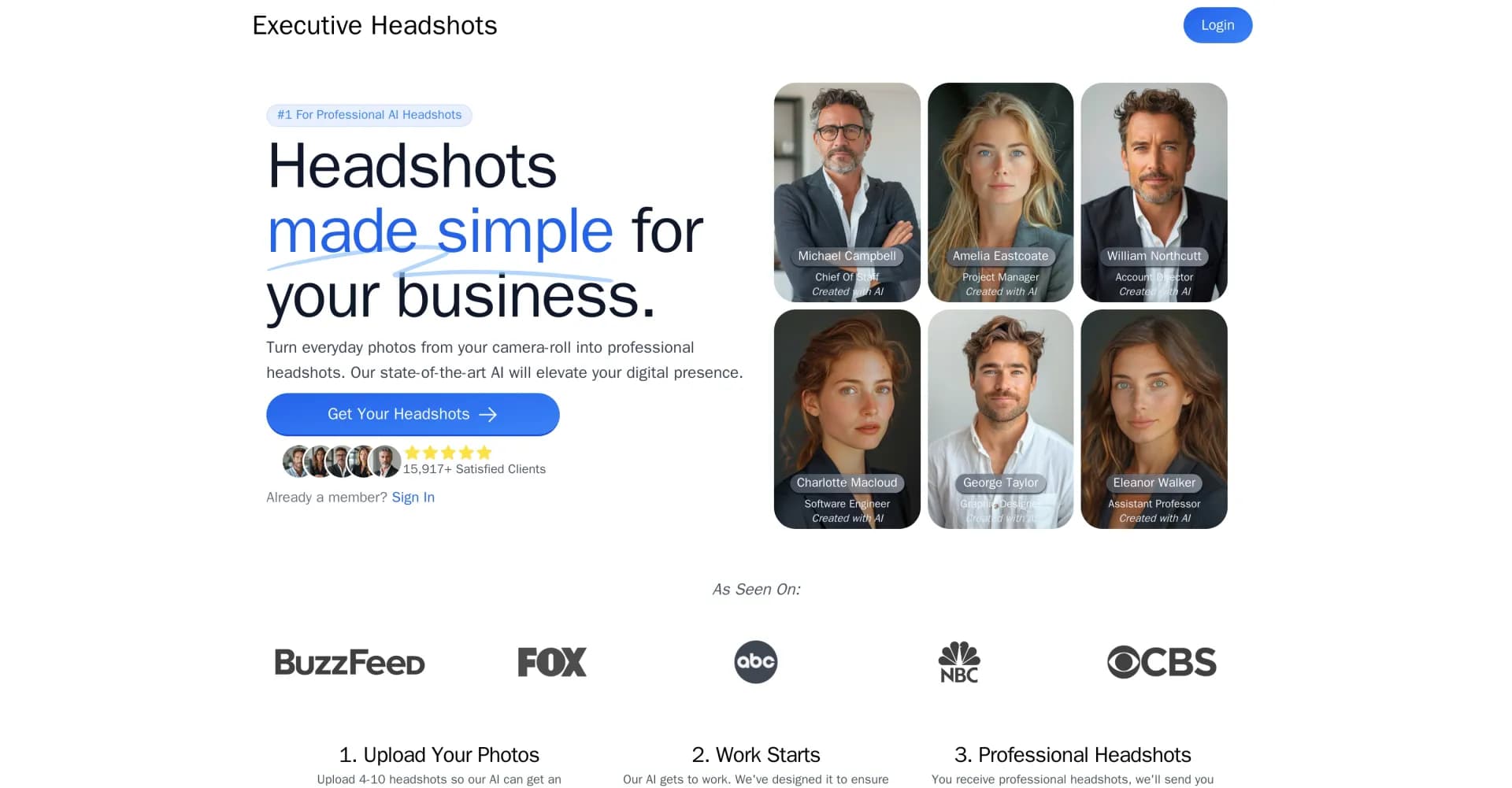 Executive Headshots homepage screenshot — Transform photos into professional AI headshots.