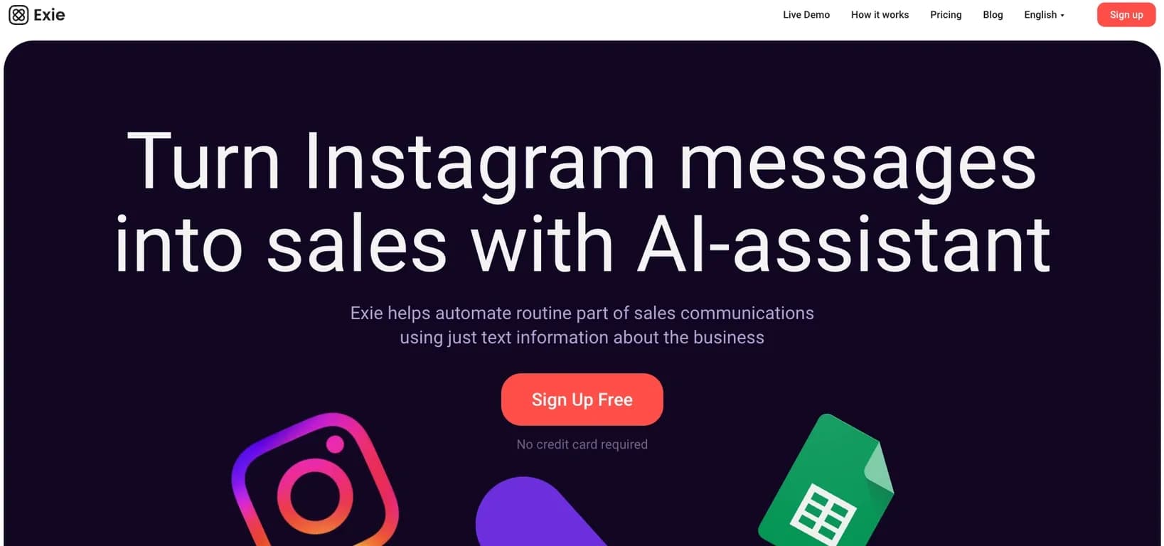 Exie homepage screenshot — AI-powered Instagram assistant for streamlined customer comm