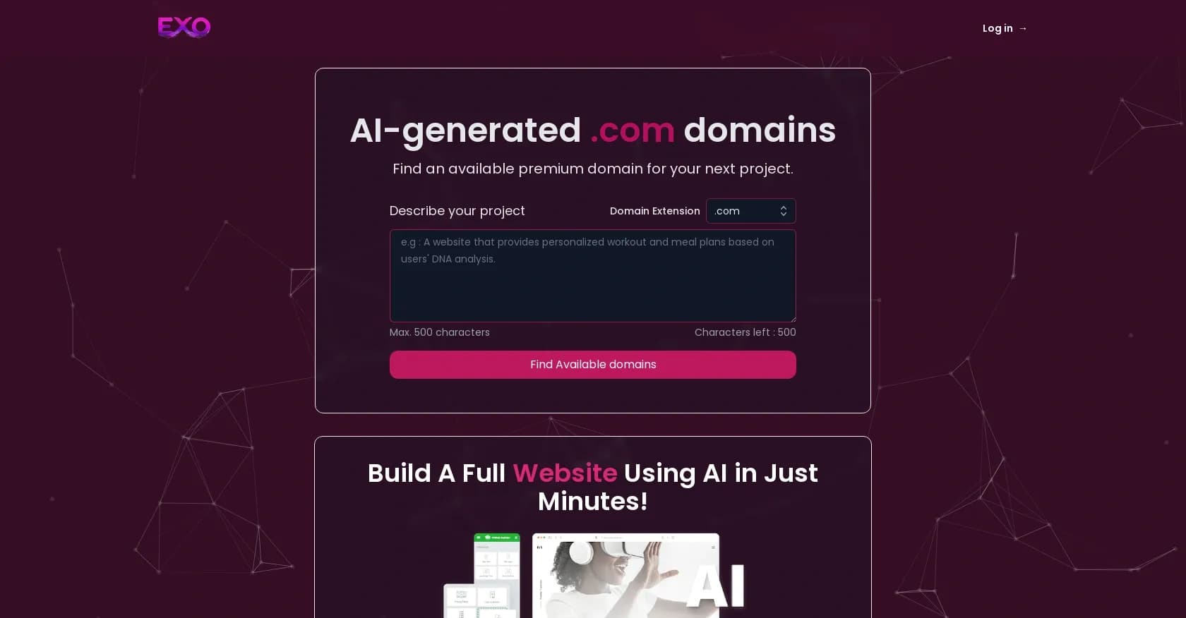 Exoname homepage screenshot — AI-powered domain finder for your next project