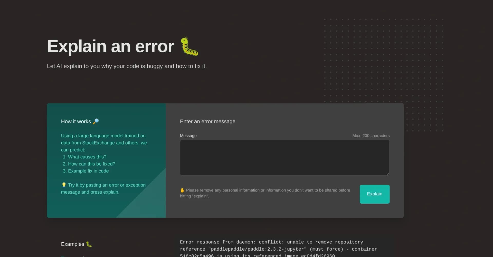 Explain by Whybug homepage screenshot — Let AI explain and fix your code errors