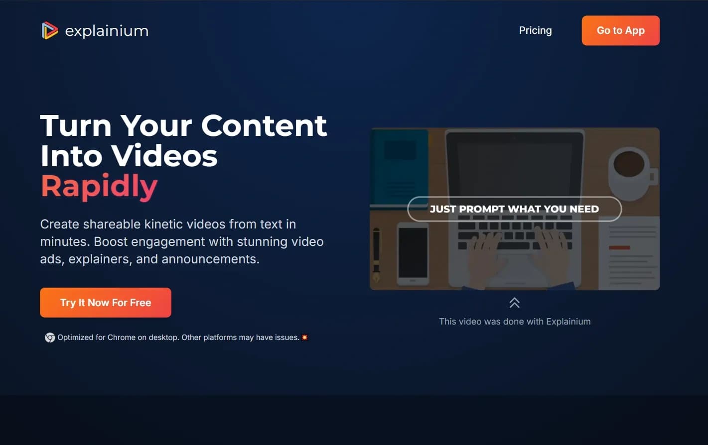 Explainium homepage screenshot — Turn Your Content Into Videos Effortlessly