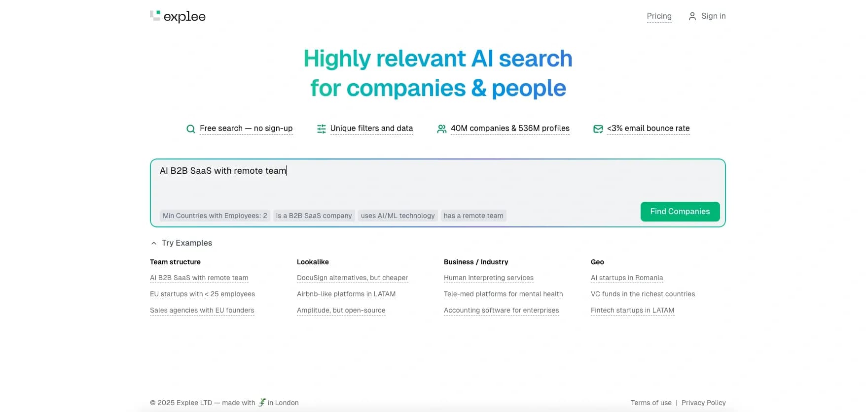 Expleev1.1.0 homepage screenshot — Find 3X more B2B leads with full web data and AI enrichment