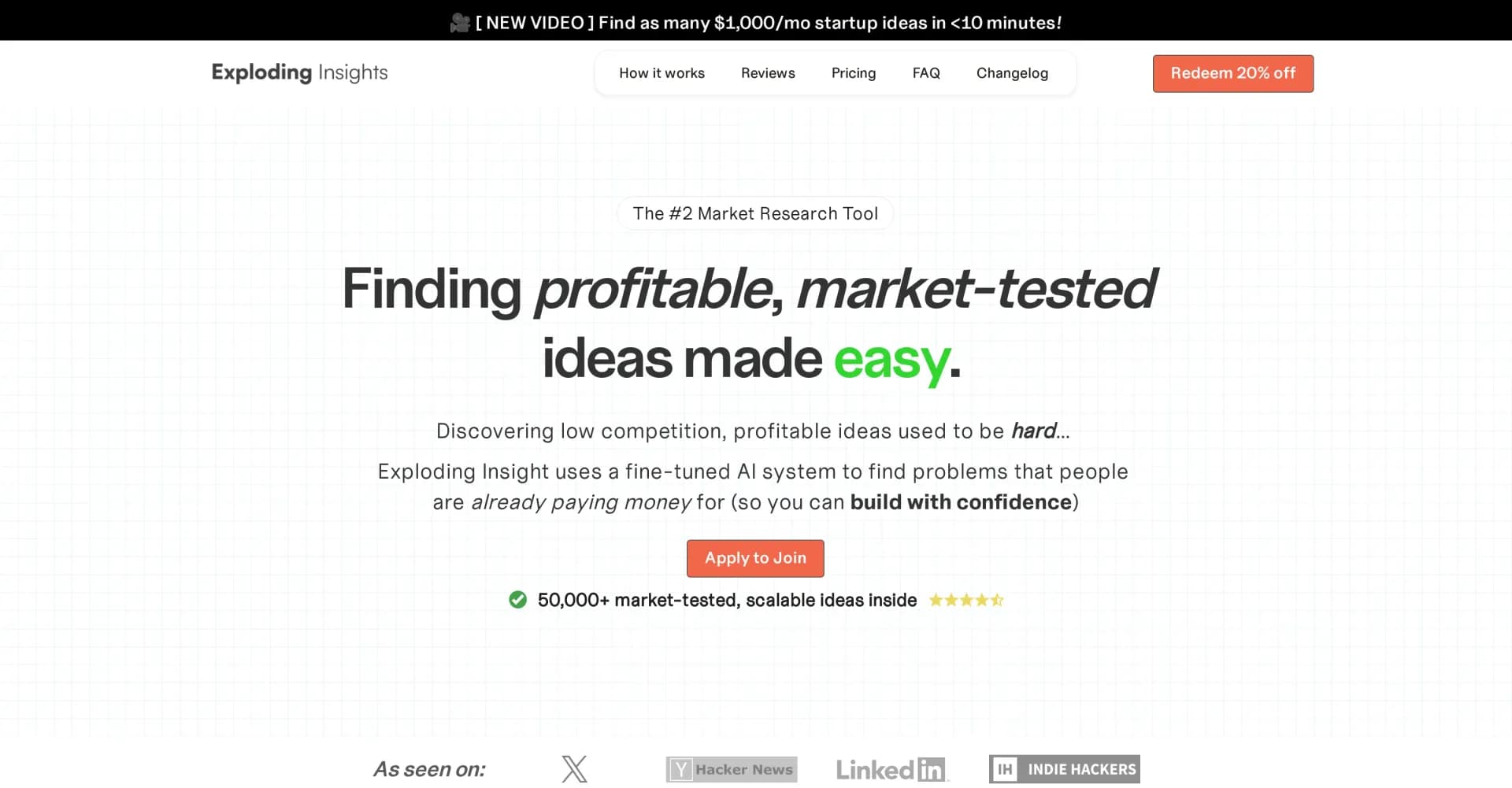 Exploding Insights homepage screenshot — Uncover profitable, market-tested ideas with AI