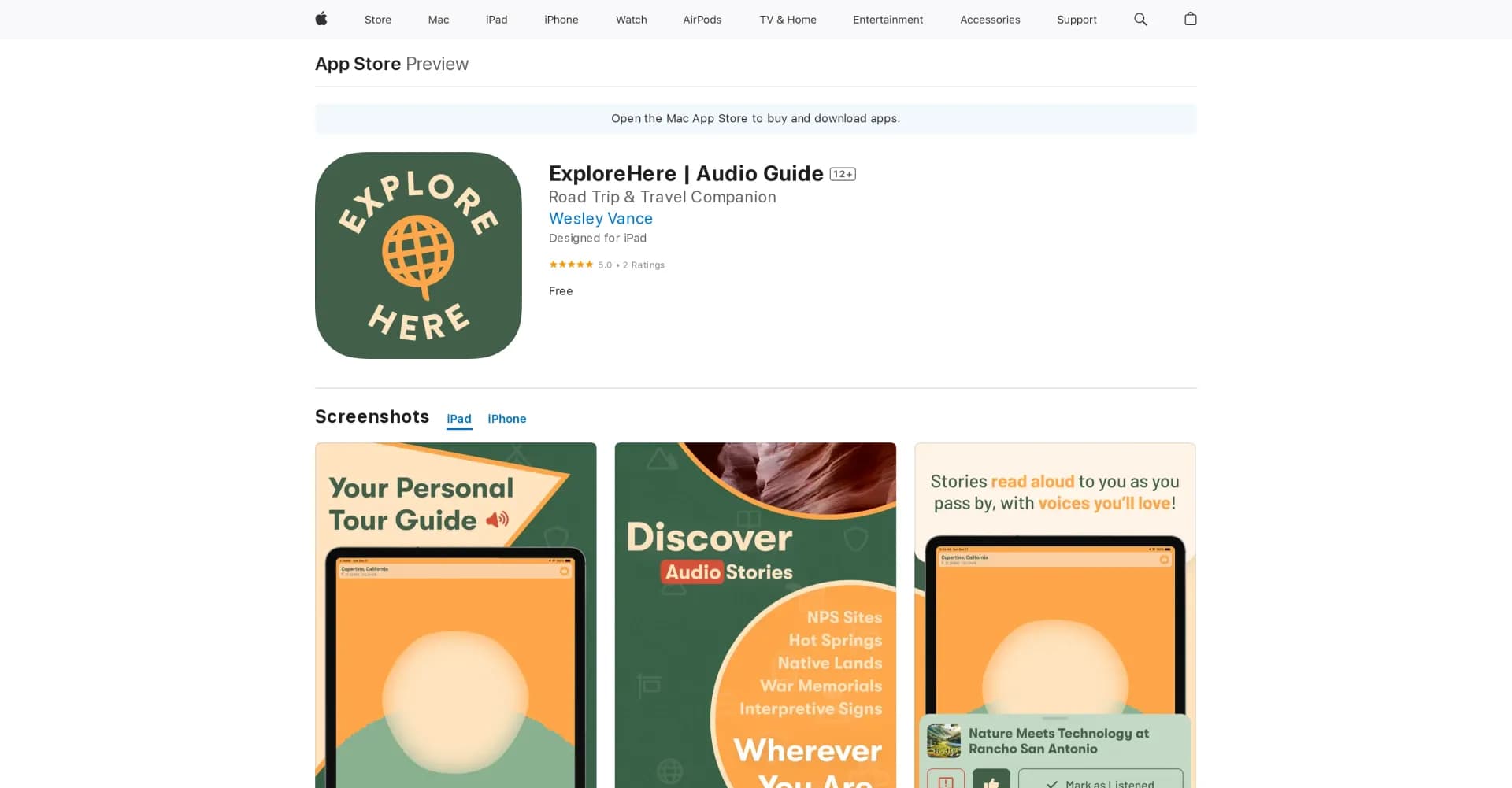 ExploreHere homepage screenshot — Your personal audio guide for exploring.