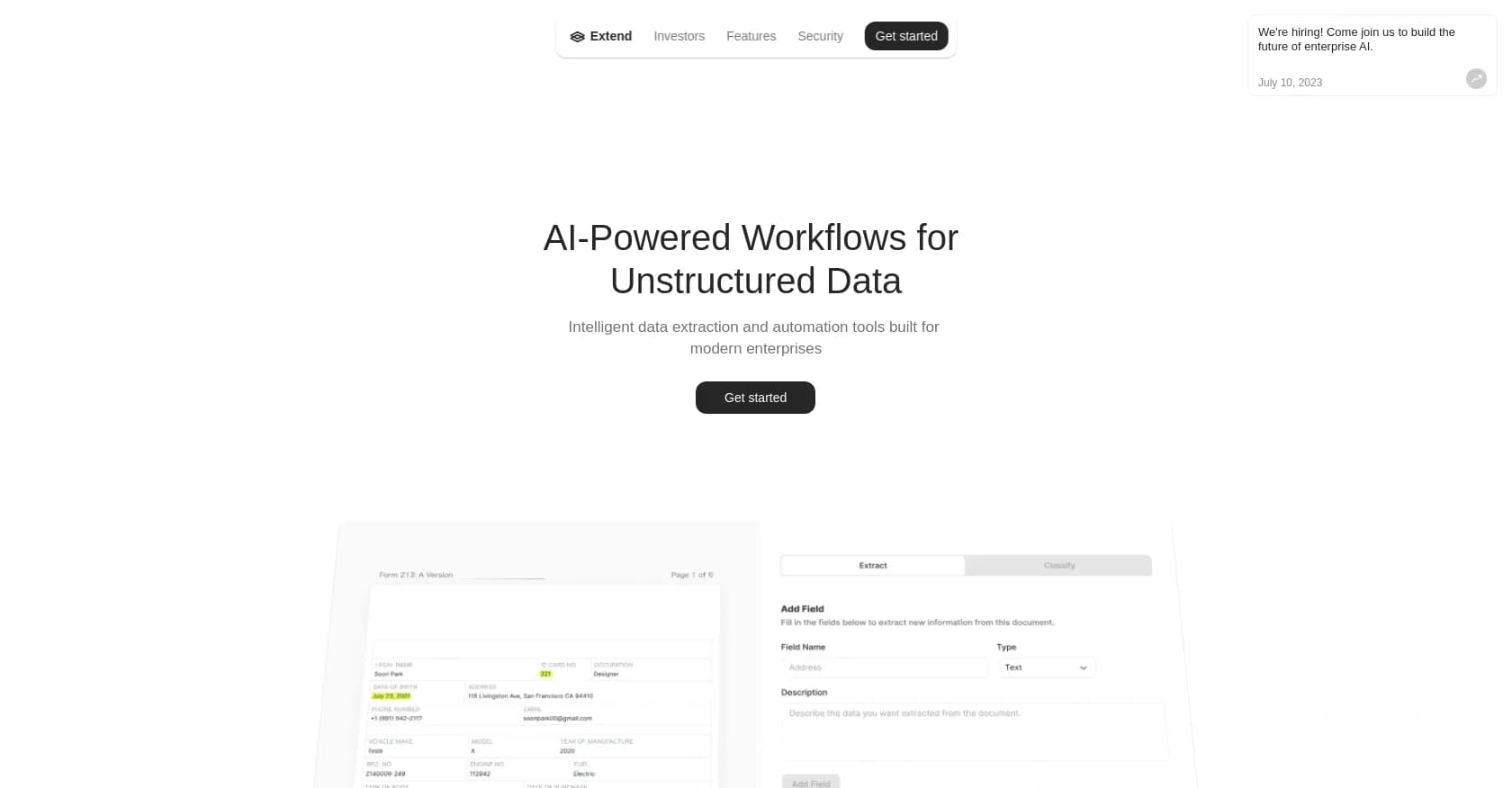 Extend homepage screenshot — Automate workflows with AI-powered data extraction