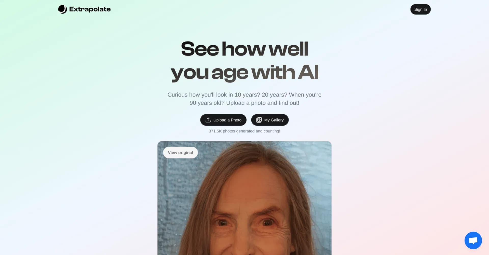 Extrapolate homepage screenshot — Transform your face to see how you'll age.