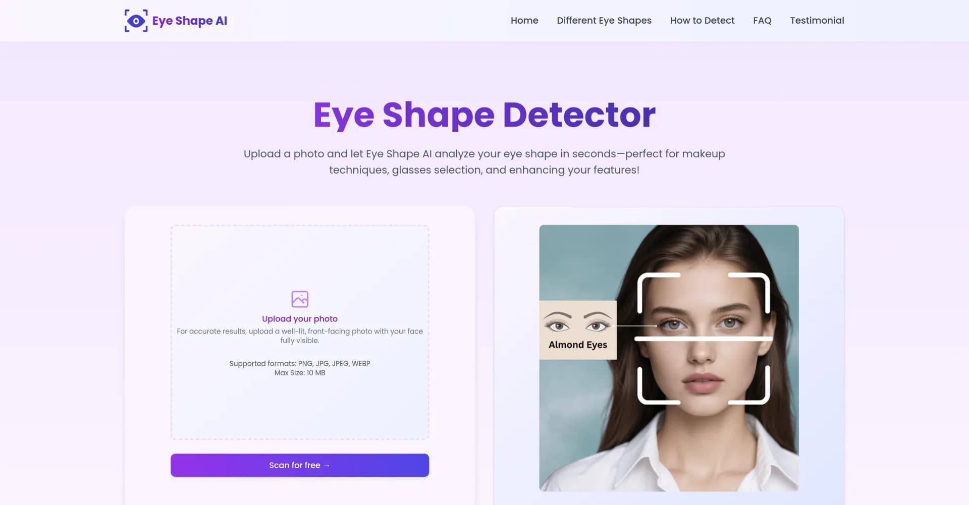 Eye Shape AI homepage screenshot — Analyze your eye shape instantly with AI