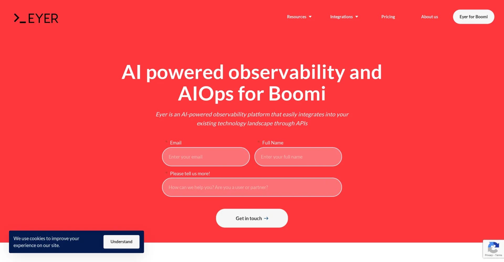 Eyer homepage screenshot — AI-powered observability for seamless integration