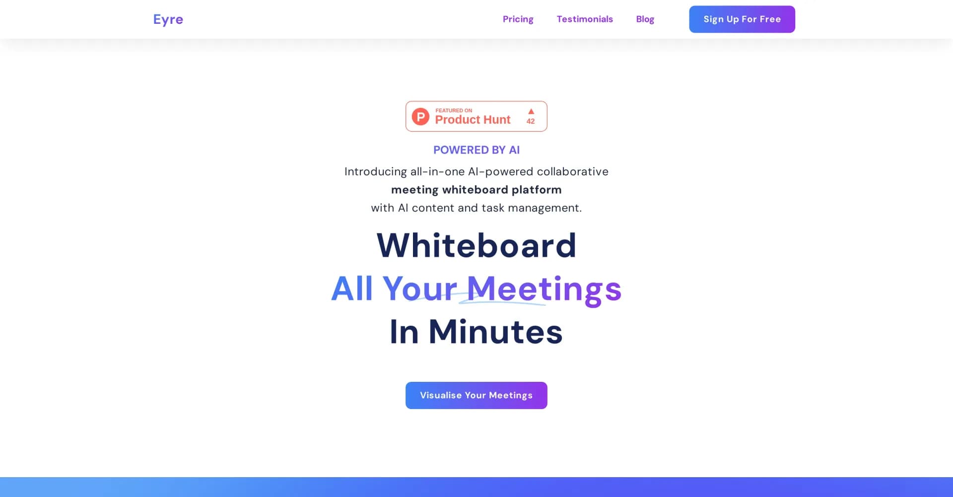 Eyre homepage screenshot — AI-powered collaborative whiteboard for productive meetings