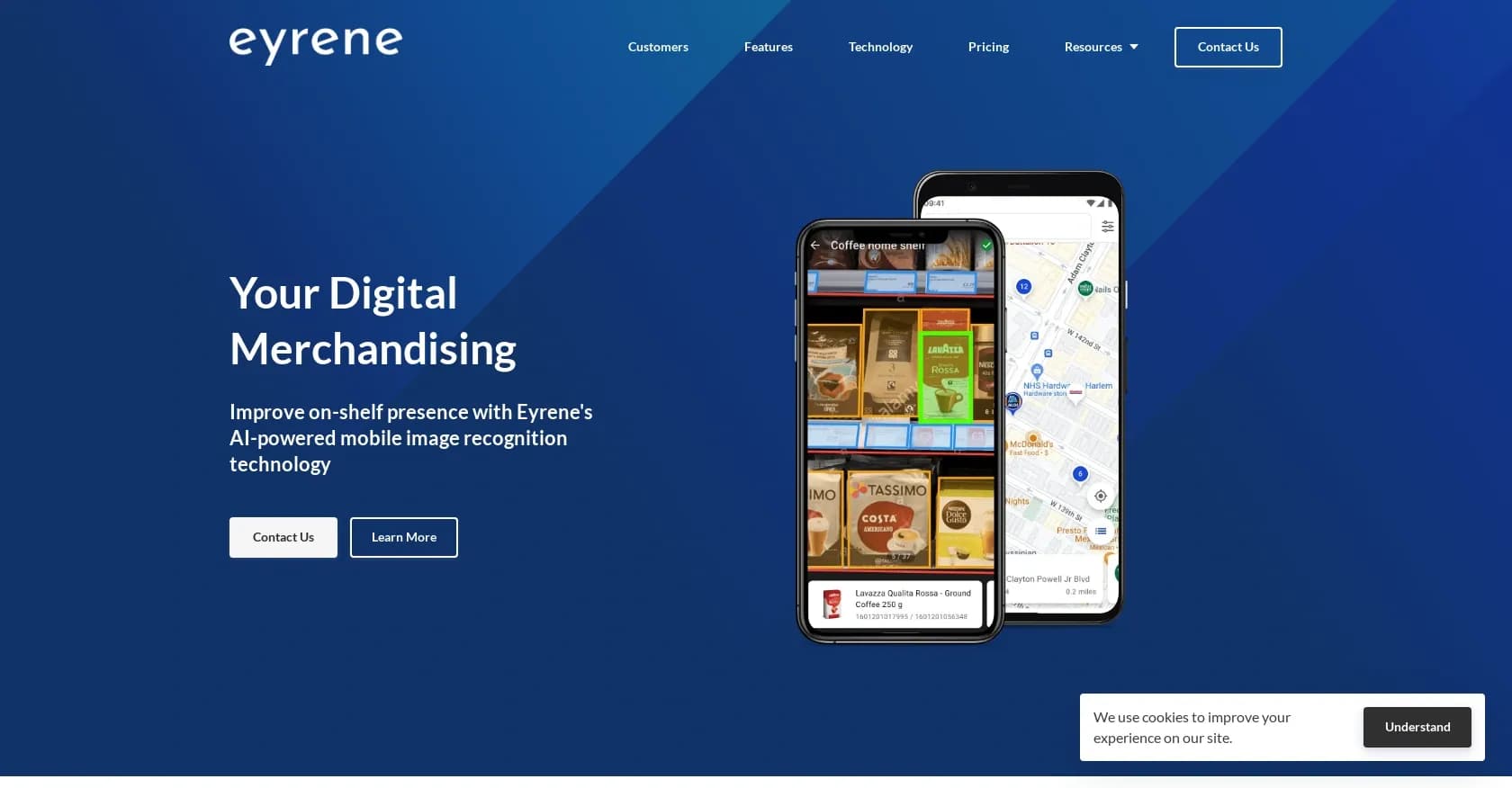 Eyrene homepage screenshot — Enhance shelf presence with AI-powered image recognition.