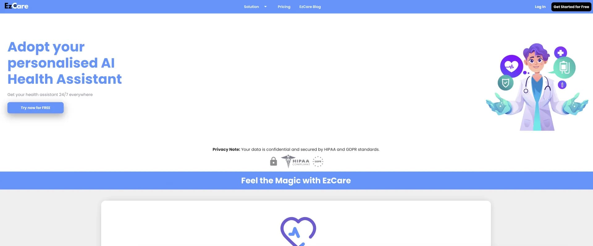 EzCare homepage screenshot — AI-powered health platform for personalized care