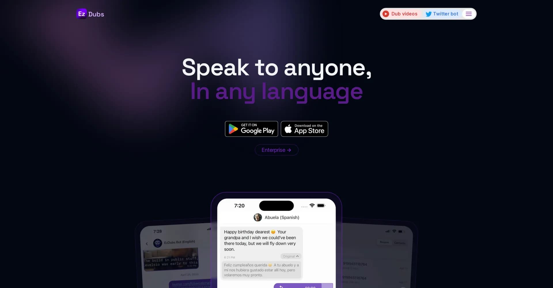 EZdubs homepage screenshot — Speak to anyone, in any language.