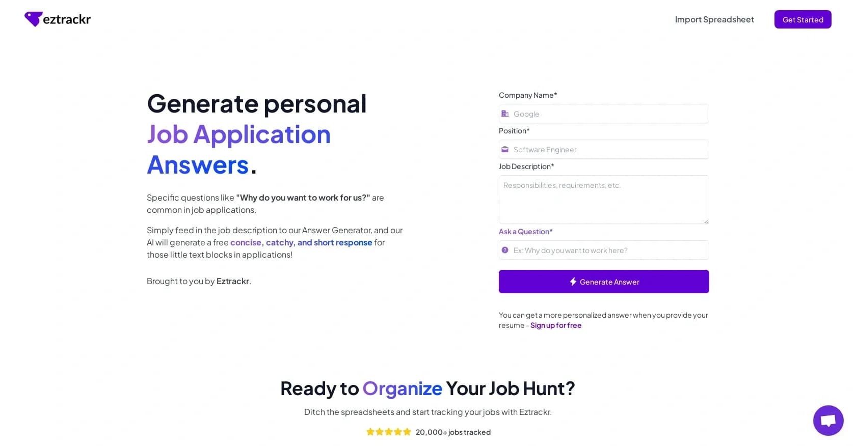 Eztrackr homepage screenshot — AI-powered job application answers in seconds