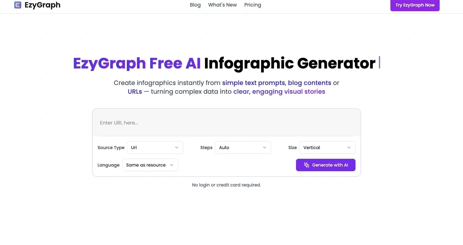 EzyGraph homepage screenshot — Create infographics instantly from text or URLs.