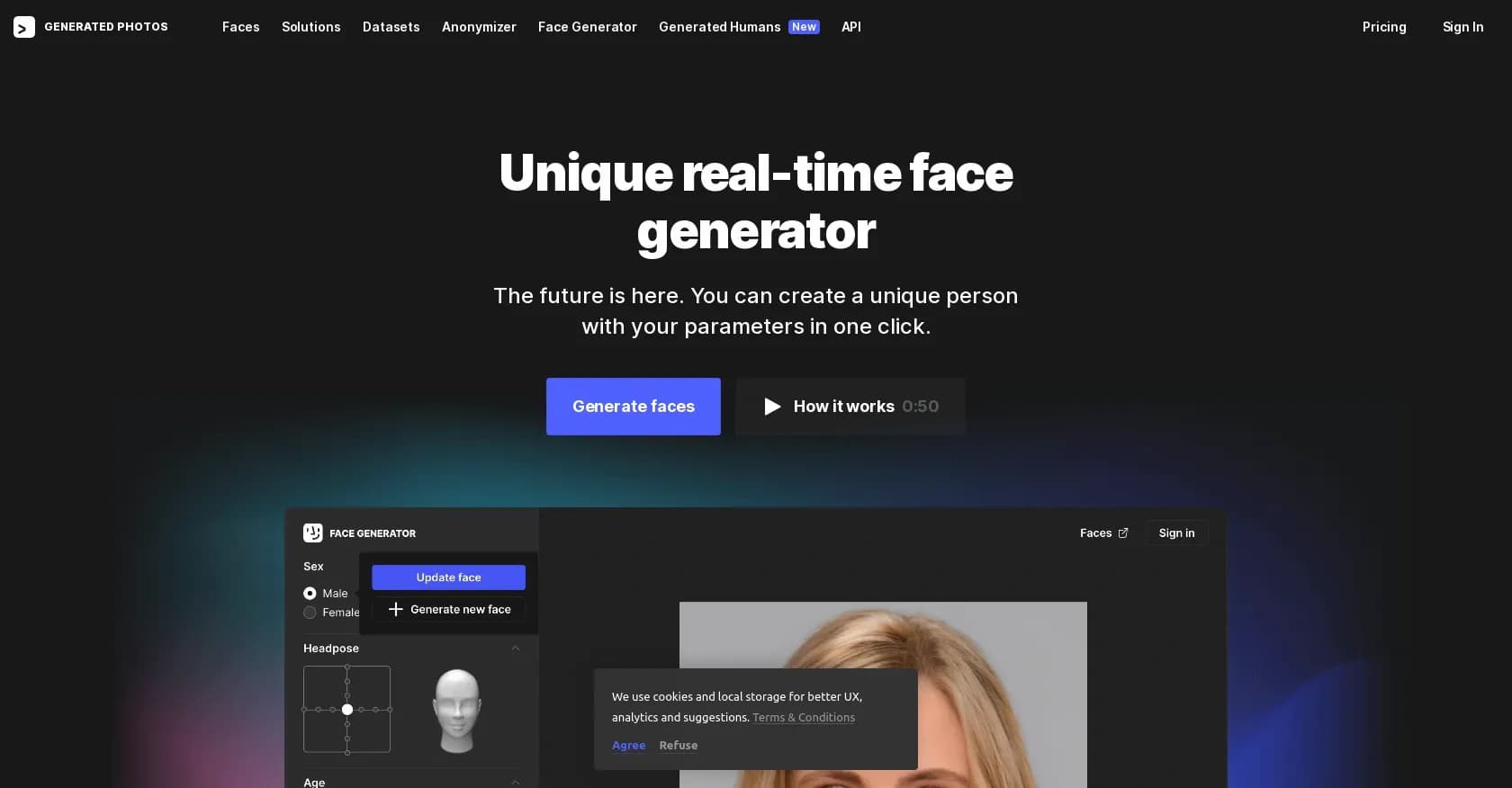 Face-generator homepage screenshot — Create unique faces with AI in one click.