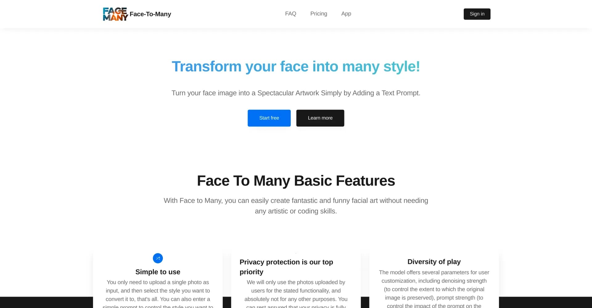 Face to Many homepage screenshot — Transform any face into various styles with AI.
