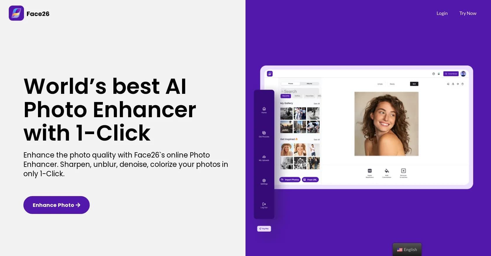 Face26 homepage screenshot — Enhance photos with AI in one click