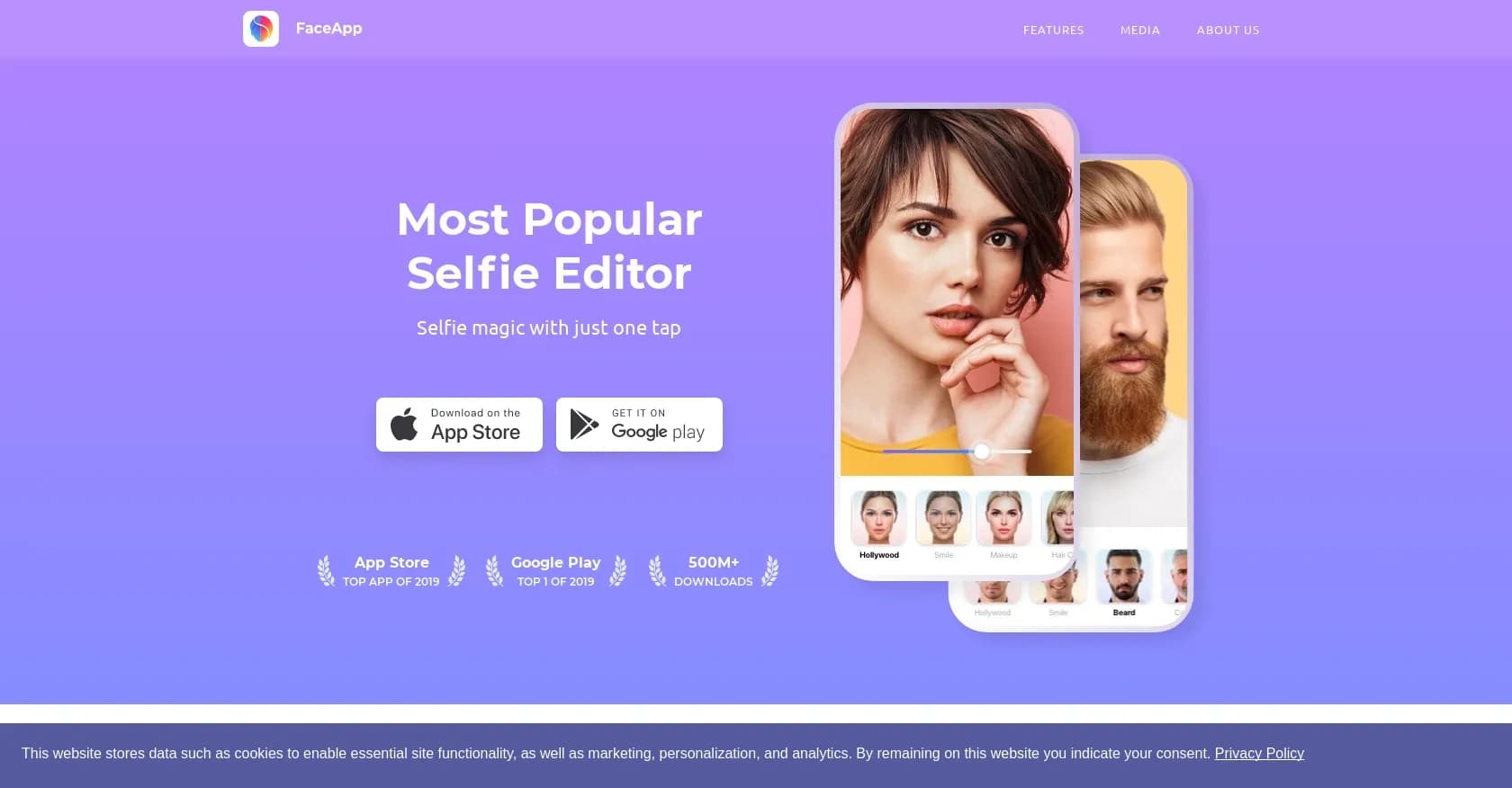 FaceApp homepage screenshot — Transform your face with AI in one tap