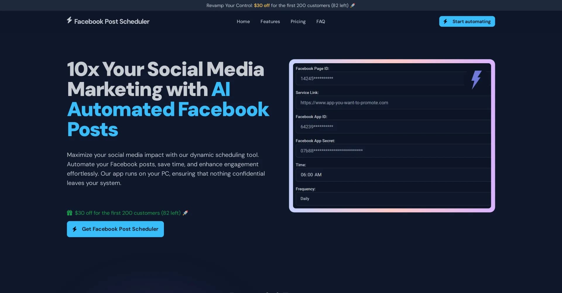 Facebook Post Scheduler homepage screenshot — Automate Facebook posts with AI to boost engagement