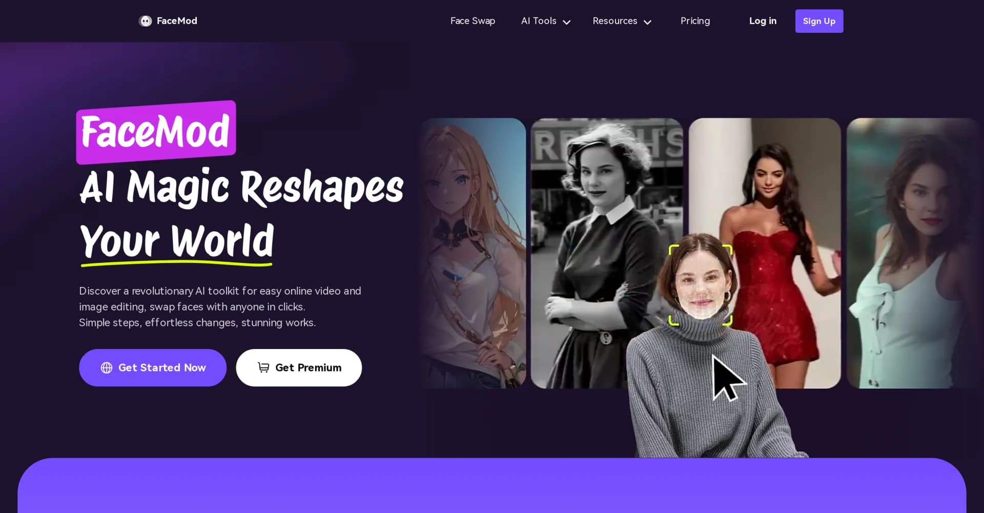FaceMod homepage screenshot — Transform selfies with AI-powered face swaps.
