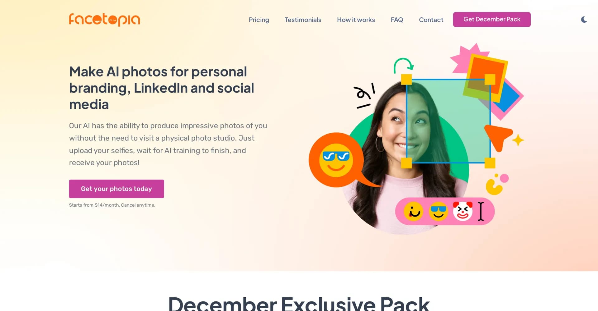 Facetopia homepage screenshot — AI-generated photos for personal branding and social media